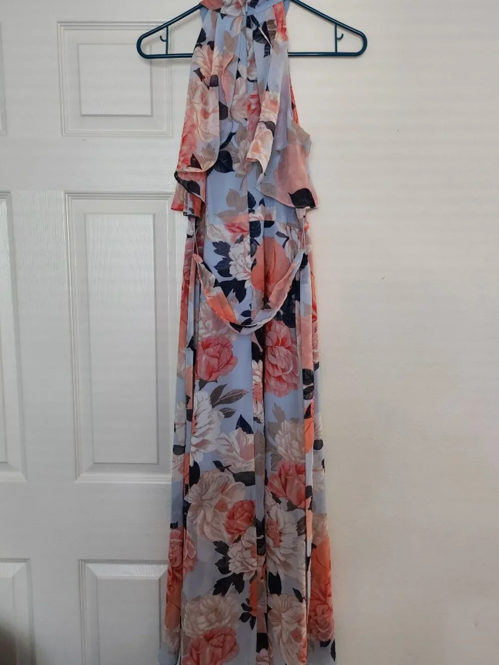 Eliza J Floral Chiffon Halter High-Low Maxi Dress Blue Coral - Picture 2 of 4